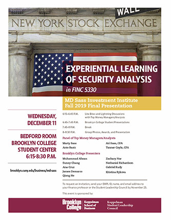Experiential Learning of Security Analysis in FINC 5330, MD Sass Investment Institute Fall 2019 Final Presentation