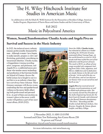 Poster for <em>Women, Sound, Transformation: Claudia Acuña and Angela Piva on Survival and Success in the Music Industry</em>