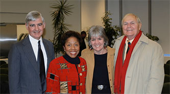 Brooklyn College President Christoph Kimmich, Distinguished Professor Tania León, Nancy Hager, and Distinguished Professor H. Wiley Hitchcock at León’s induction ceremony.