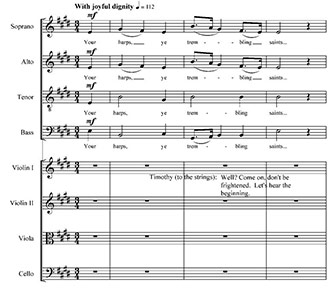 Figure 2. Parker, <em>Singers Glen</em>, Act 2, Scene 2, <em>Mount Ephraim</em>, mm. 1-3. Used by permission of Hinshaw Music, Inc. 