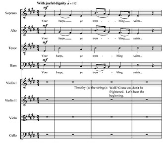 Figure 2. Parker, <em>Singers Glen</em>, Act 2, Scene 2, <em>Mount Ephraim</em>, mm. 1-3. Used by permission of Hinshaw Music, Inc.