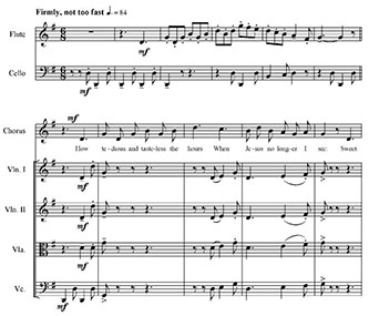 Figure 4. Parker, <em>Singers Glen</em>, Act 2, Scene 2, <em>Greenfields</em>, mm. 1-11. Used by permission of Hinshaw Music, Inc.