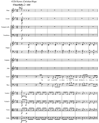 Figure 5. Parker, <em>Singers Glen</em>, Act 2, Scene 2, <em>Christian Hope</em>, mm. 1-6. Used by permission of Hinshaw Music, Inc.