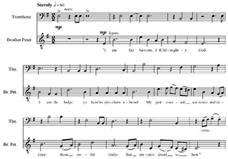 Figure 7. Parker, <em>Singers Glen</em>, Act 2, Scene 2, <em>Mount Carmel</em>, mm. 1-18. Used by permission of Hinshaw Music, Inc.