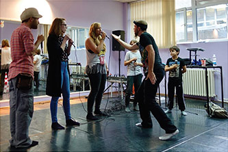 Iva Hađina (third from left), participates in a Next Level beatboxing workshop led by American hip-hop artist and educator Baba Israel. Zagreb, Croatia, 11 May 2017. Photo by the author.