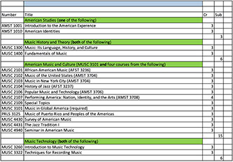 Tabular information for the BA track in American Music & Culture