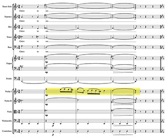 Example 6: D Major postlude, mm. 353–57; regal motif highlighted in Violin I