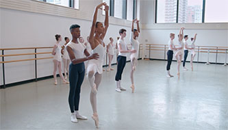 In rehearsal at the School of American Ballet, as seen in <em>On Pointe</em>