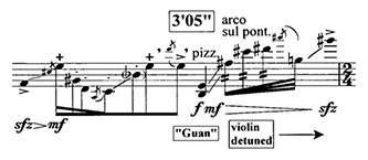 Example 4: Excerpt of m. 55 of Axon, showing indication of text “Guan.”