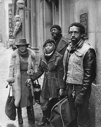Tania León (center) with fellow Brooklyn Philharmonic Community Concert Series organizers, program director Corrine Coleman and composers Talib Hakim and Julius Eastman, in front of the old <em>New York Times</em> building, ca. mid-1970s. Photo by Marbeth, courtesy of Tania León