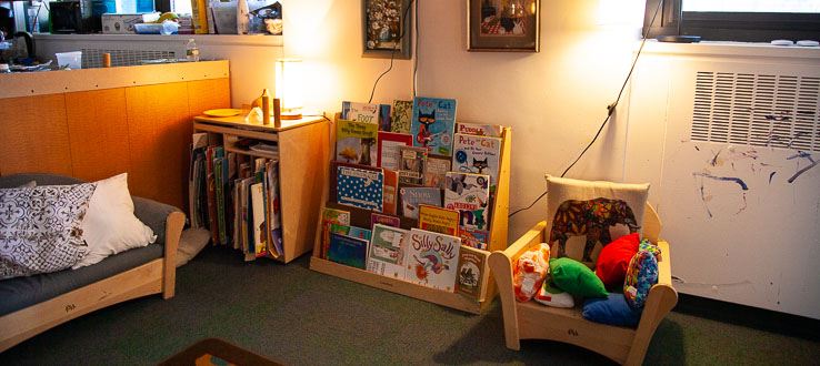 The library area in the Threes Room is an intentional space organized around children's interest in literacy, social reading and language acquisition.