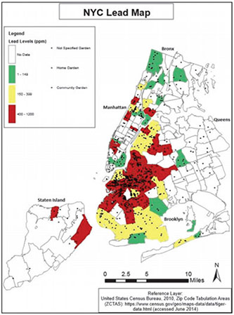 Figure: Distribution of gardens where the soil samples were collected for this study. This map includes 904 identifiable street addresses for the gardens, and each dot on the map represents a garden. Each polygon on the map represents a zip code. Each zip code is color coded based on median Pb concentration, except for zip codes with fewer than five samples.
