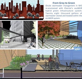 An architectural rendering of J. Cherrier’s ecoWEIR technology applied to urban stormwater management.