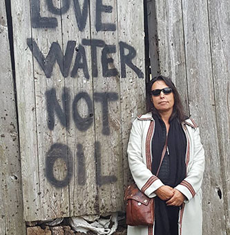 LaDuke at a protest against the oil pipeline on indigenous lands.