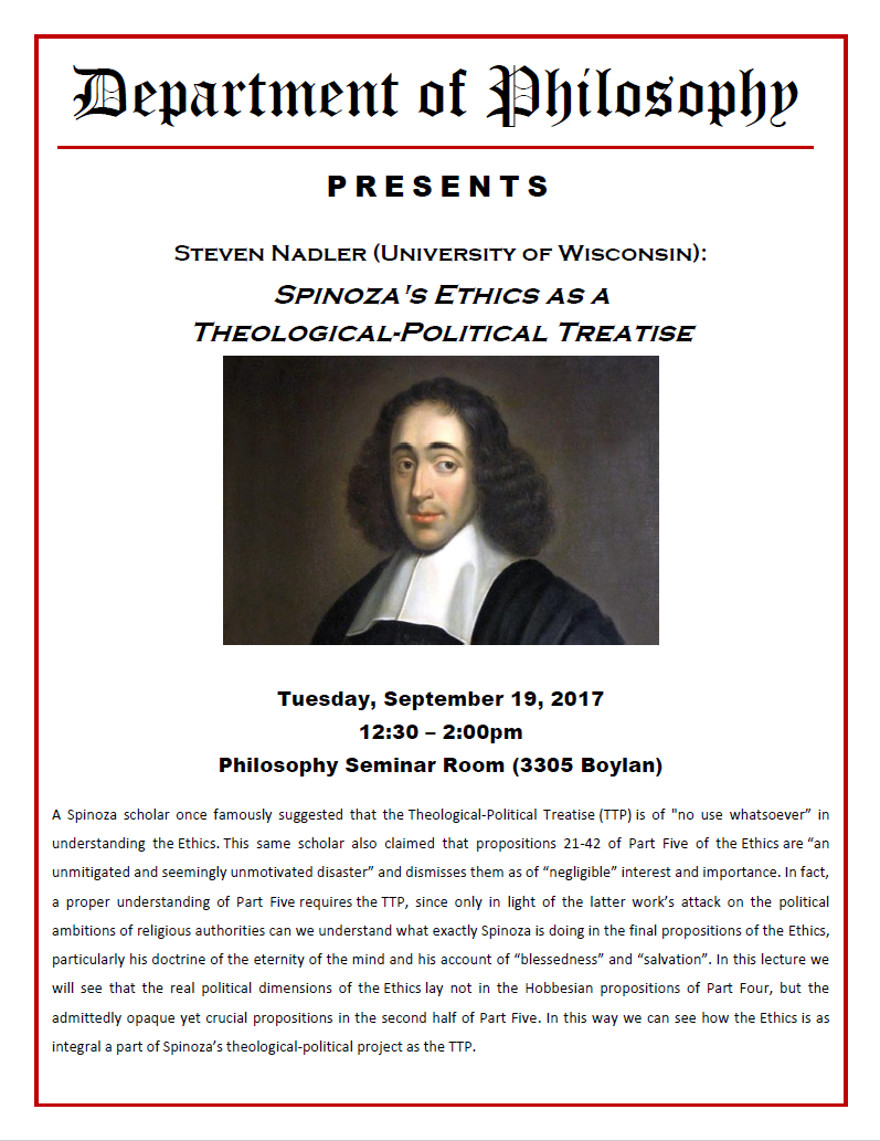 Event Flier: Spinoza's Ethics as a Theological-Political Treatise (September 19)