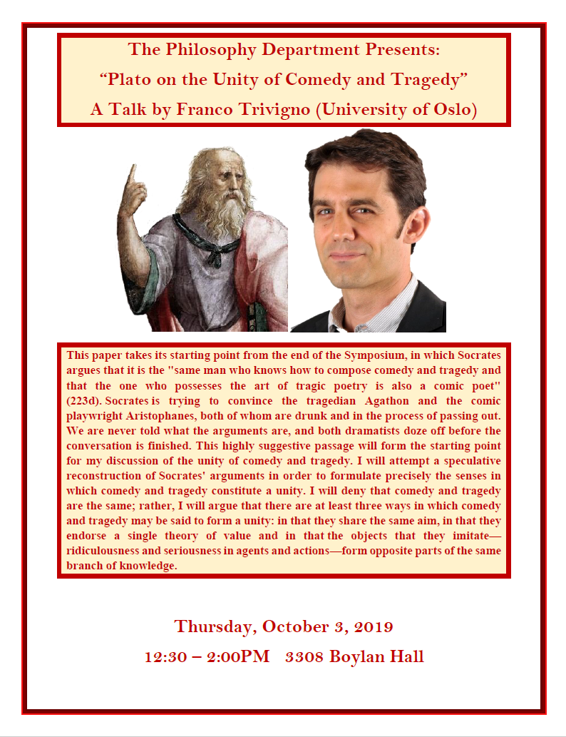 Event Flier: Plato on the Unity of Comedy and Tragedy (October 3)