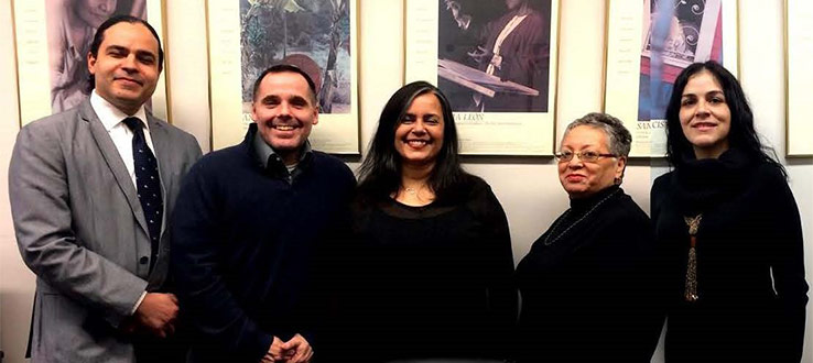 1<p>Current members of the Puerto Rican and Latino Studies Department. From left, Professors Reynaldo Ortíz-Minaya, Alan A. Aja, Maria E. Perez y Gonzalez, office administrator, Matilda Nistal and Professor Carla Santamaria</p>