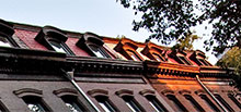 View of the upper portions of buildings from the residential neighborhoods around the Brooklyn College campus.