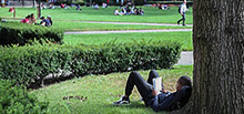 Students studying on a blanket outside with the stylized text "Wish You Were Here!"