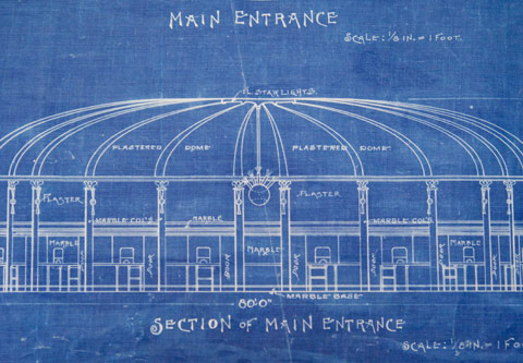 Blueprint of the main entrance to Ebbets Field, filed in 1912 by Dodgers president Charles H. Ebbets and architect Clarence R. Van Buskirk. Blueprint of the main entrance to Ebbets Field, filed in 1912 by Dodgers president Charles H. Ebbets and architect Clarence R. Van Buskirk.
