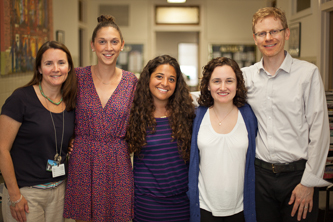 Professor Sharon Beaumont-Bowman, and graduate students in the speech-language pathology program Carly Traiman, Ashley Small, Kate Esposito, and Kevin Hodge.