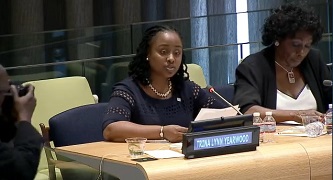 <p>Adjunct Assistant Professor Trina Lynn Yearwood '00, addresses the plight of marginalized students to a U.N. audience filled with education advocates from around the globe.</p>