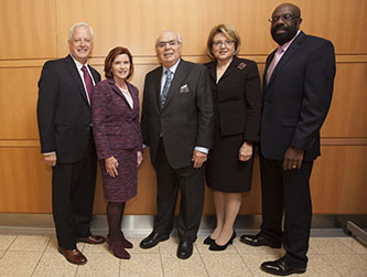 Murray Koppelman '57 with Brooklyn College President Karen L. Gould and (from left) Vice President for Institutional Advancement Andrew Sillen, Marge Magner '69, and Willie Hopkins, dean of the newly-named Murray Koppelman School of Business.