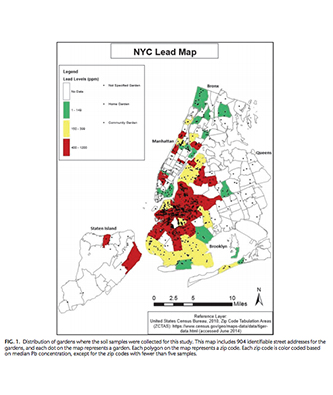 A map of lead distribution in New York City that was recently published by the Urban Soils Institute has garnered attention. Click the map for a larger version.