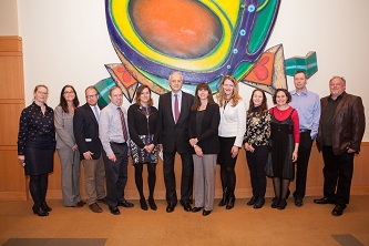 Leonard Tow (center) and Brooklyn College President Michelle J. Anderson (fifth from right) pose with some of the 2016-17 and 2017-18 Tow Foundation winners.