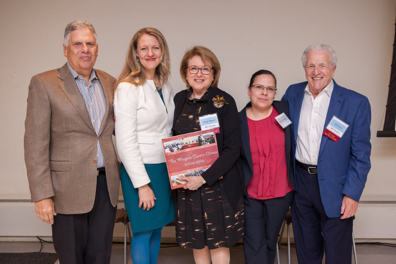 Magner Career Center founder Marge Magner ’69 with, from left, Brooklyn College Foundation Board of Trustees Chair Evan Silverstein ’76, Brooklyn College President Michelle J. Anderson, Magner Career Center Director Natalia Guarin-Klein, and Brooklyn College Foundation Trustee Edwin H. Cohen ’62.