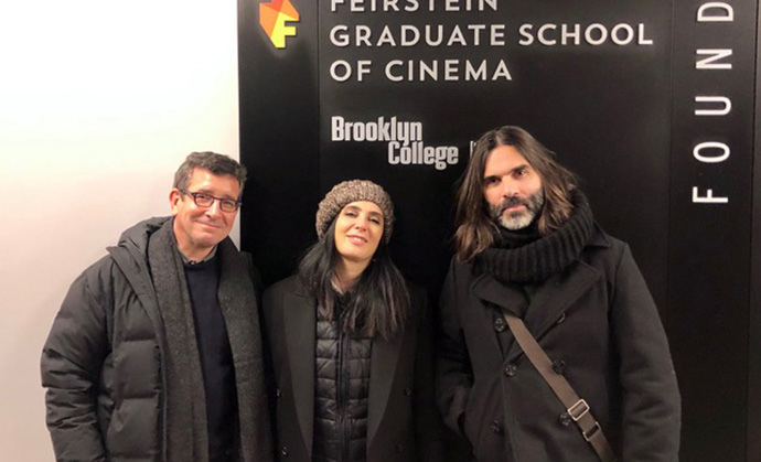 Distinguished Lecturer Jason Kliot, left, with <em>Capernaum</em> director Nadine Labaki and her husband Khaled Mouzanar, another producer on the film, at a screening at the Barry R. Feirstein Graduate School of Cinema.