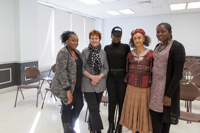 <p>From left to right: Director of the Shirley Chisholm Project on Women's Activism Zinga A. Fraser, former Shirley Chisholm Project Director Barbara Winslow, artist/activist Emilia A. Ottoo, and activist/filmmaker Lupe Family at the 'From Westchester to the World: Patricia Murphy Robinson and Black Feminist Anti-Imperialism' lecture in October 2018. Photo by Craig Stokle. </p>
