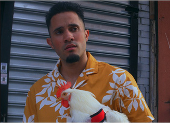 Senior Timothy Rivera shooting a film in Harlem with his chicken. 