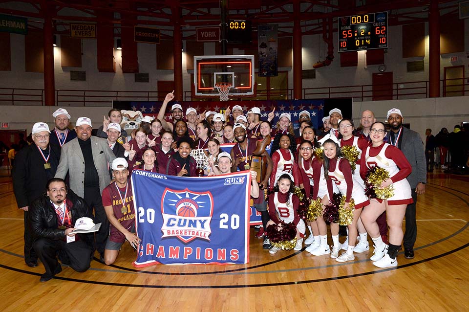 Bulldog Men's and Women's basketball 2020 CUNYAC champions with women's coach Alex Lang (second row, fourth from left) who won Coach of the Year, and men's coach Jeffrey Jean-Baptiste (third row, far right).