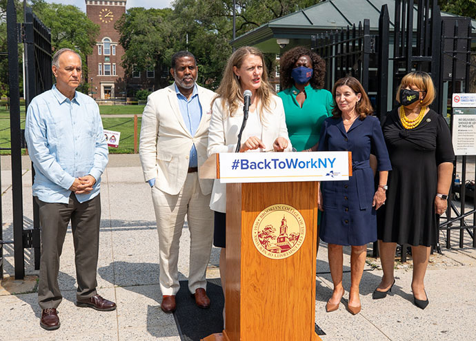(Back row, L-R) CUNY Chancellor Félix V. Matos Rodríguez, New York State Senator Kevin Parker, Kingsborough Community College President Claudia V. Schrader, New York State Lt. Governor Kathy Hochul, and Medgar Evers College President Patricia Ramsey listen to Brooklyn College President Michelle J. Anderson discuss the new Healthcare Career Hub of Central and South Brooklyn.