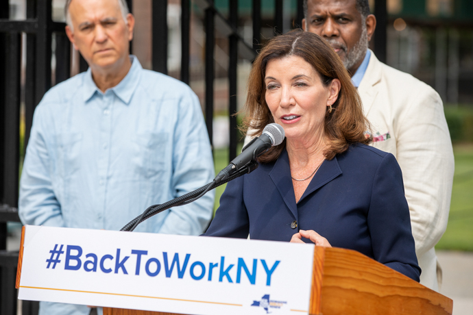 Then Lt. Governor Kathy Hochul outside the campus' Bedford Avenue gate in August announcing the new healthcare career hub.  