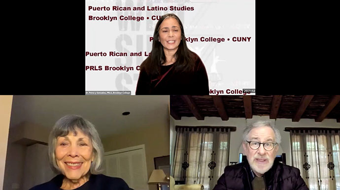 (Clockwise from top) Associate Professor María Pérez y González, Steven Spielberg, and Professor Emerita Virginia Sánchez Korrol discuss <em>West Side Story</em>.