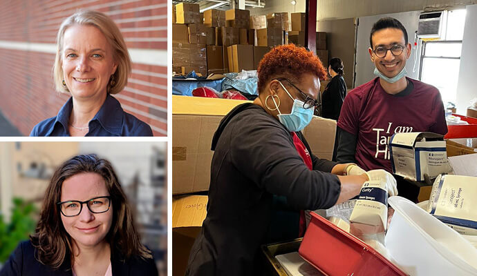 Clockwise from top left: Political Science Professor Janet Elise Johnson, a volunteer effort at Tanger Hillel, and History Professor Brigid O’Keeffe.