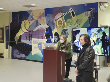 Annette Danto (left), Department Chair of Film and Feirstein’s Graduate School of Cinema, stands with Mona Hadler, Professor of Art History and Chair of the Art Department, during an event to celebrate its unveiling on December 14.