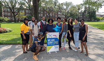 CUNY EDGE Summer Enrichment Academy students with advisers Roberte Lescouflair and Nathaniel Fleming, Program Assistant Dawne Roberts, and Program Director Monique Ngozi Nri.
