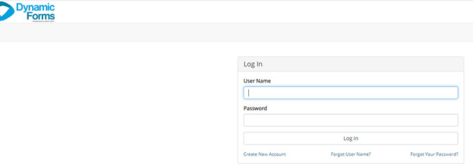 Screenshot of the Dynamic Forms Manual Account Webpage for a parent showing the space to enter a username  and password. Beneath the password field are links to create a new account, to retrieve username and if to retrieve a password.