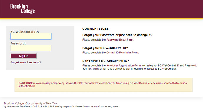 Screenshot of the BC Web Central Portal showing the space to type the BC WebCentral ID and password. Information to reset a password, retrieve username, and create a Web Central ID  appear on the right side of the page. 