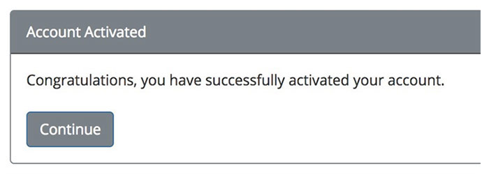 Image of the Dynamic Forms account after it has been activated by email. It indicates the words account activated on the top of the screen in a gray rectangle. It states: Congratulations, you have successfully activated your account.