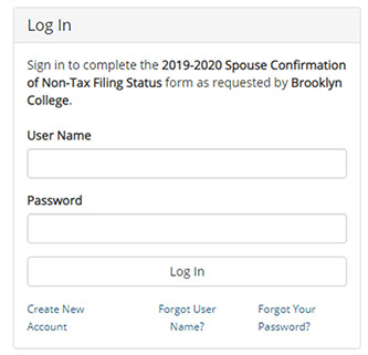 View of the login page for Dynamic Forms manual account that a spouse will use to create a login. The login button and create new account links are highlighted with a red border. There are fields for a user to enter their username and password.