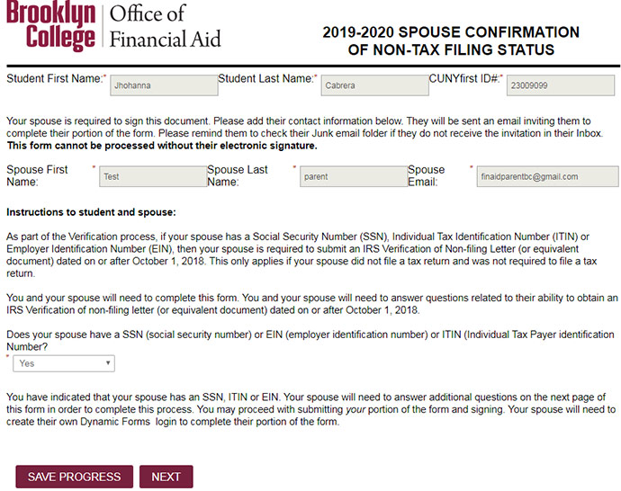 Image of the electronic form where the student’s name and email appear and where the spouse is responsible for entering their first and last name and email address.