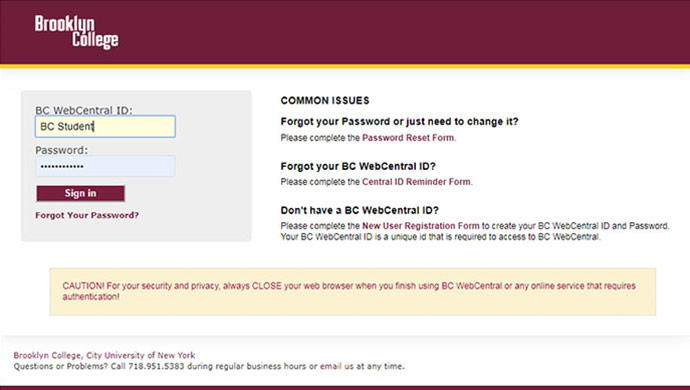 Image of the BC Web Central Portal showing the space to type the BC Web Central ID and password. Information to reset a password, retrieve username, and create a Web Central ID  appear on the right side of the page.