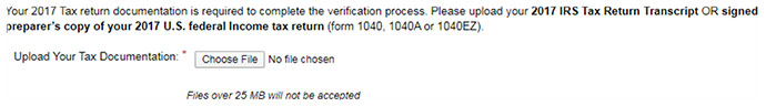 Screenshot of section of electronic Verification worksheet showing what tax information needs to be uploaded. The upload box and text indicating what needs to be uploaded are highlighted in a red border.
