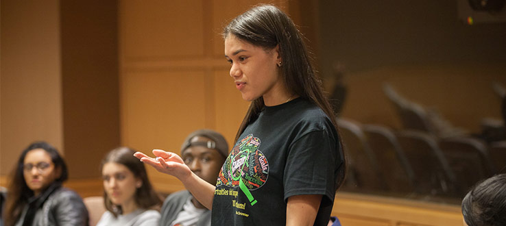 April 2017: Students questioned panelists Danny Greenberg '66, Judge Sharon Bourne-Clarke '89, Wendy Amengual Wark, and Norman Siegel '65 on today's civil rights movement.