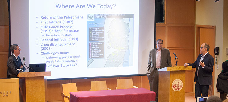 March 2017: Professor Louis Fishman, Hussein Ibish, and David Meyers in a lively back-and-forth on Zionism and Palestinian Nationalism. 