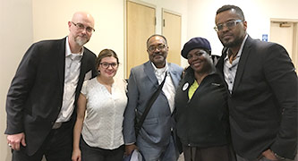 CSB Director Michael Menser, Roger Green, and Kobie Colemon with two Mellon Transfer Fellowship students Amy and Deborah.